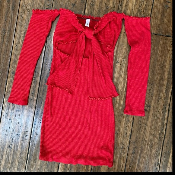 RED FRONT TIE OFF THE SHOULDER DRESS - Picture 1 of 2